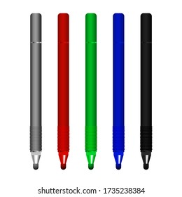 Pluma digital gráfica electrónica de color diferente para tablet u otro gadget. Ilustración vectorial en fondo aislado blanco.