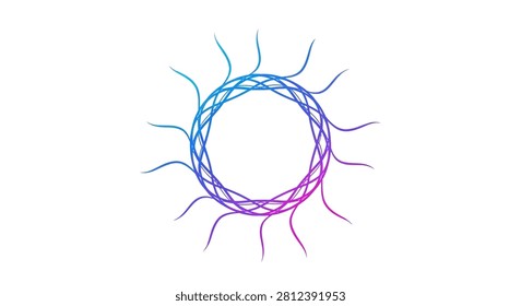 A digital graphic featuring an abstract circular shape formed by intertwined wavy lines with a vibrant blue to purple color gradient on a white background