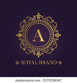 Digital graphic featuring a luxurious circular emblem with gold floral patterns and a regal letter A 
