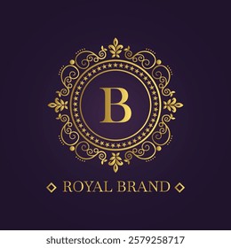 Digital graphic featuring a luxurious circular emblem with gold floral patterns and a regal letter B 
