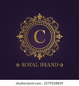 Digital graphic featuring a luxurious circular emblem with gold floral patterns and a regal letter C 
