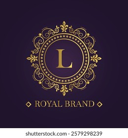 Digital graphic featuring a luxurious circular emblem with gold floral patterns and a regal letter L 
