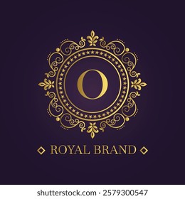 Digital graphic featuring a luxurious circular emblem with gold floral patterns and a regal letter O 
