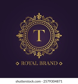 Digital graphic featuring a luxurious circular emblem with gold floral patterns and a regal letter T 
