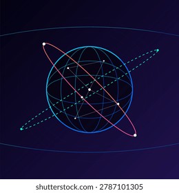 A digital graphic featuring a spherical wireframe world surrounded by neon orbital rings and data points. The dark blue gradient background emphasizes the glowing cyan, magenta, and teal elements. This conceptual design illustrates modern satellite telecommunications, global internet connectivity, digital networking, and advanced information exchange in the current technological era.
