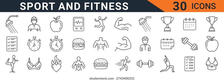 A digital graphic featuring thirty sport and fitness icons showcasing various elements of a healthy lifestyle, including exercise, nutrition, and athleticism. The simple yet effective design makes it suitable for use in fitness-related contexts, promoting a culture of wellness and motivation.