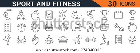 A digital graphic featuring thirty sport and fitness icons showcasing various elements of a healthy lifestyle, including exercise, nutrition, and athleticism. The simple yet effective design makes it suitable for use in fitness-related contexts, promoting a culture of wellness and motivation.