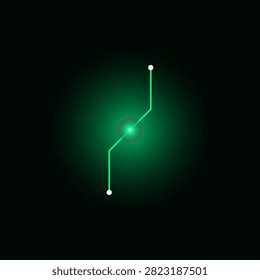 A digital graphic featuring a vibrant green glowing circuit trace connecting two white nodes with a bright central flare effect