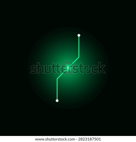 A digital graphic featuring a vibrant green glowing circuit trace connecting two white nodes with a bright central flare effect