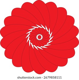 A digital graphic of a red flower and  a white spiral pattern in the center.