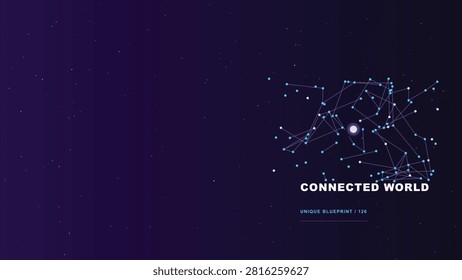 A digital graphic representing a connected world with a network of nodes and lines on a dark purple background.