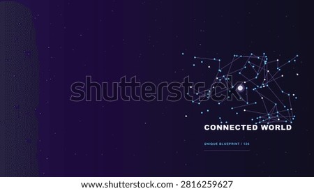 A digital graphic representing a connected world with a network of nodes and lines on a dark purple background.