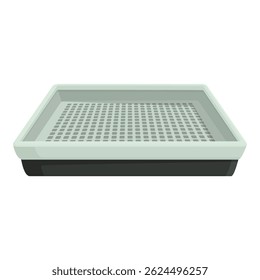 Digital graphic of a sleek, empty pet litter tray on a white background