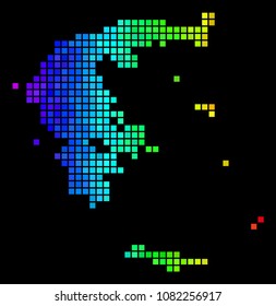Digital Greece Map. Vector territory plan in glossy spectrum color tints on a black background. Abstract Greece Map collage is formed of multicolored square dots.
