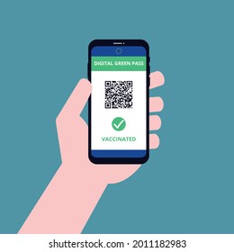 Digital Green Certificate Screen With QR Code, Vector Flat Design