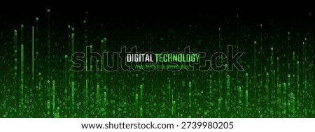 Digital green code rain flows through black background with binary data streams creating matrix-style cyber security theme for technology and programming interface design.