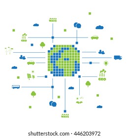 Digital and Green Eco Friendly World - Global Connections, Public Network Infrastructure - Design Concept with Icons - Vector Illustration, Technology Template