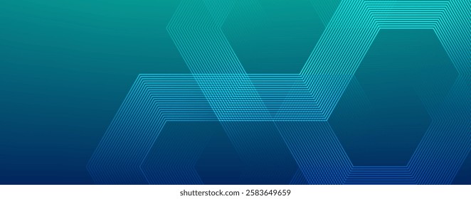 Digital green futuristic technology concept with hexagons. Digital hexagonal blue abstract background. Geometric stripe line art design for poster, brochure, cover, banner, website, header