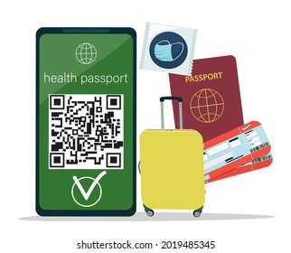 Digital green health certificate, vaccination passport, QR code. The concept of safe travel during a pandemic. Vector illustration.