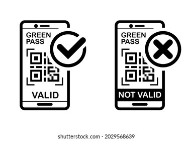 Digital Green pass icons Valid and Invalid . Access to free movement during the coronavirus pandemic. Line art vector on transparent background.