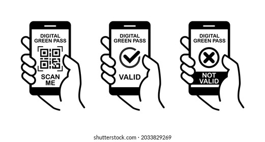 Digital Green pass icons Valid and Invalid . Access to free movement during the coronavirus pandemic. Line art vector on transparent background.