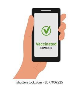 Pasado verde digital.  Smartphone en mano con fondo blanco. Certificado de Inmunidad de Vacunación de Covid-19. Viajar sin restricciones por todo el mundo 
