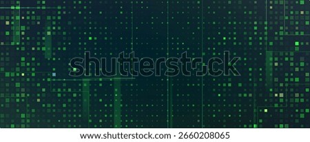 Digital green pixel pattern background with glowing squares - cyber grid for game interface, tech wallpaper, streaming overlay and futuristic design project with neon mosaic texture on dark surface.