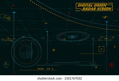 Pantalla verde digital de radar. Trazado de interfaz de tecnología abstracta del panel de control del radar en el diseño de vectores de fondo negro.