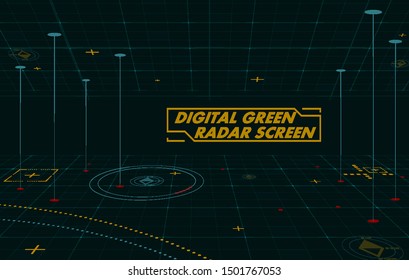 Digital green radar screen. Radar control panel abstract Technology Interface hud on black background vector design.