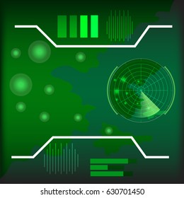 Digital Green Radar Screen with map and futuristic user interface on background