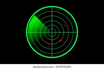 Digital green realistic radar with targets on searching monitor. Scanning military target radar screen. Technology background. Vector EPS 10