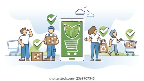 Digital green shopping and sustainable e-commerce business outline concept. Environmental and nature friendly order packaging using recyclable materials vector illustration. Online web shop market.