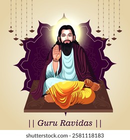 A digital greeting card for Guru Ravidas Jayanti featuring his portrait name in Gurmukhi and Guru Ravidas Jayanti