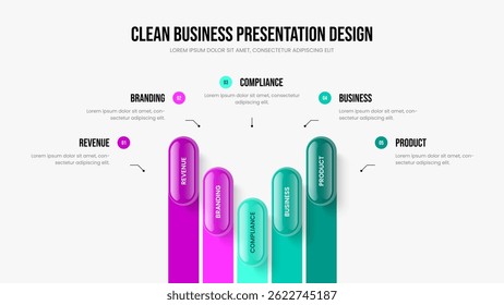 Plantilla de presentación infográfica de crecimiento digital de 5 pasos. Ilustración vectorial de Diseño de Presentación de Diapositivas. Desarrollo de la empresa Diseño de marco de diagrama de cinco opciones.
