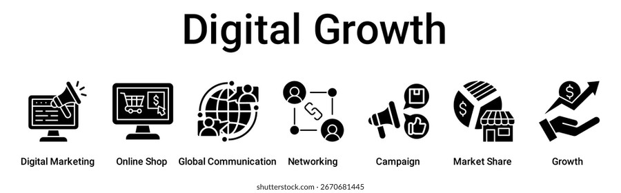 Crescimento digital banner web icon vetor ilustração conceito para negócios com ícone de Marketing Digital, Loja Online, Comunicação Global, Rede, Campanha, Market Share.