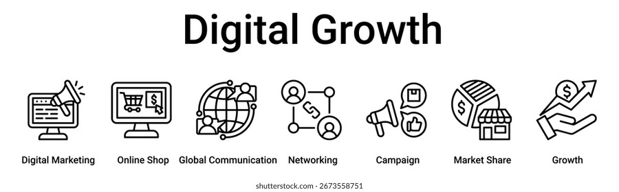 Crescimento digital banner web icon vetor ilustração conceito para negócios com ícone de Marketing Digital, Loja Online, Comunicação Global, Rede, Campanha, Market Share.