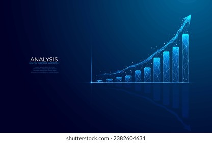 Digital growth graph chart with up arrow on technology blue background. Business and financial concept. Stock market and investment symbol. Low poly wireframe vector illustration in futuristic style.