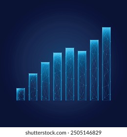 Gráfico de crecimiento digital con flecha hacia arriba sobre fondo azul de tecnología. Concepto empresarial y financiero. Símbolo de mercado de valores e inversión. Baja Ilustración vectorial de estructura de alambre de polietileno en estilo futurista. 