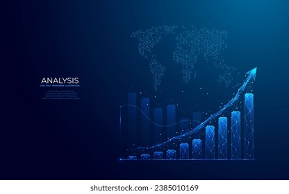 Digital growth graph chart on technology map. Abstract business analysis and stock market concept. Low poly wireframe vector illustration on a dark background in futuristic light blue hologram style.