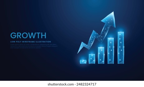 Crecimiento digital y concepto de éxito. Gráfico de barras que sube y aumenta la Ilustración vectorial baja del alambre del poli en el fondo azul tecnológico.