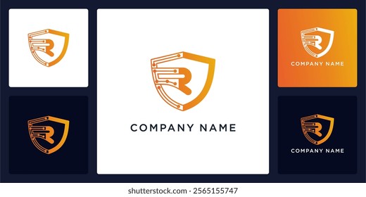 Digital guard with letters R logo design and icon