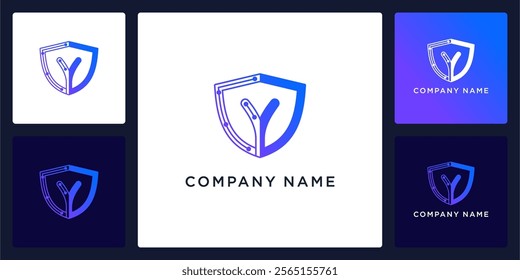 Digital guard with letters Y logo design and icon