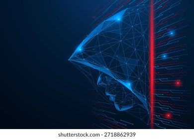 Hacking digital, um hacker do ciberespaço A figura do homem encapuzado emerge de uma parede formada pelos caminhos de uma placa de circuitos impressos e fluxos de sinais eletrônicos.