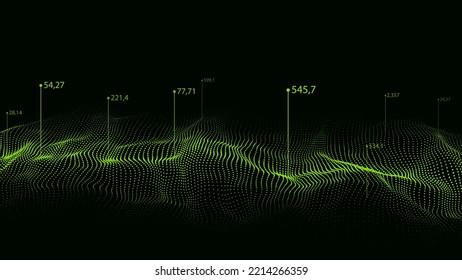 Digital halftone wave with lines and numbers on the dark background. The futuristic abstract structure of network connection. Effect of data collection and visualization. Vector illustration.