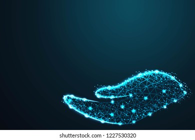 Digital Hand care, concern, with crumbled edge on blue night sky with dots, stars and looks like constellation, illustration