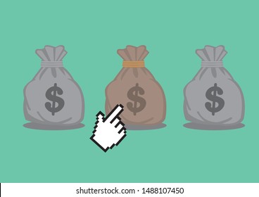 Digital hand clicking on a bag of money. Concept of online buying, transfer or electronic sale. Flat vector isolated illustration. 