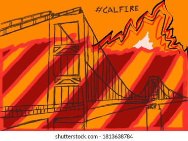 Digital Hand Drawing Of California Wildfire Disaster In 2020 Or CALFIRE