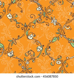 Digital hand drawing moroccan tile trellis floral seamless pattern, cute repeating vector background with little spring flowers for all web and print purposes.