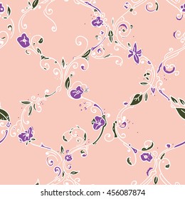 Digital hand drawing moroccan tile trellis floral seamless pattern, cute repeating vector background with little spring flowers for all web and print purposes.