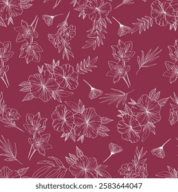 digital, hand drawn, burgundy, hibiscus floral, feminine, garden flowers, monochrome, illustration background, seamless pattern, repeat print, wallpaper, clothing, fashion, home textile, packaging